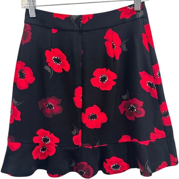 Kate Spade Red Black Poppy Print Ruffle Flounce Hem Crepe Mini Skirt Sz 0 Preppy - Picture 2 of 8